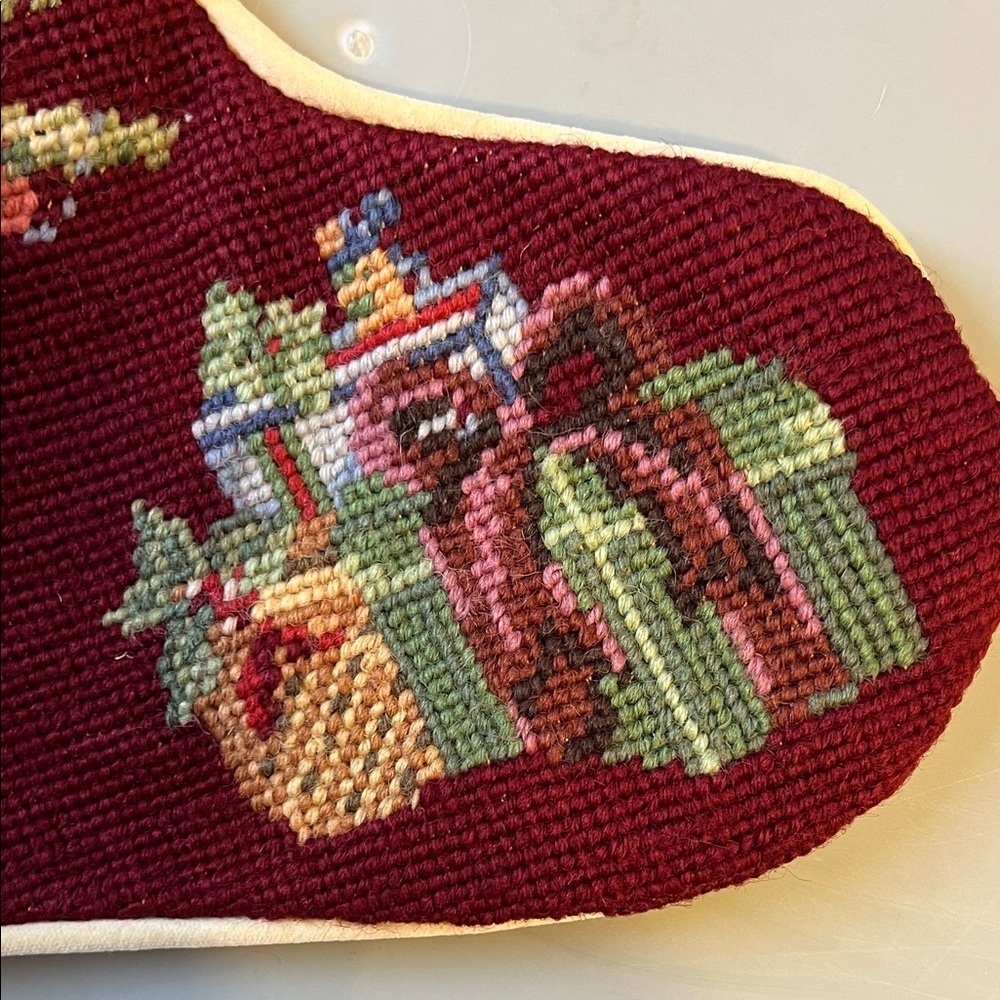 Vintage Needlepoint Wool Festive Holiday Christmas Stocking with Tree and Gifts - Picture 6 of 10